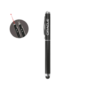 A2123, Bolígrafo metálico negro, clip y detalle plateados; cuenta con luz LED y apuntador láser, botones de encendido para cada una de estas funciones, así como touch para dispositivos con pantallas táctiles. Ideal para esas juntas de negocios. Presentación: caja de regalo en color negro.