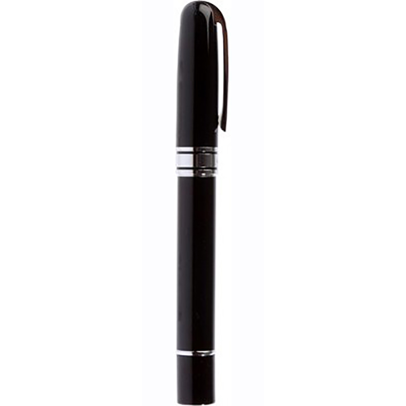 lin-san, Linterna metálica con apariencia de bolígrafo, ideal para colocarla en el bolsillo. Luz led. Disponible en color negro brillante, cromo y acero. Detalles cromados. Utiliza 2 baterías AAA (Incluidas). Incluye estuche individual.