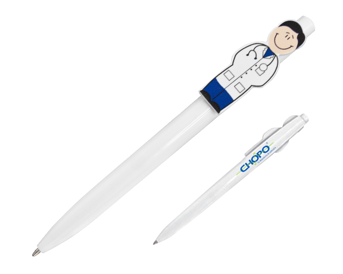 A2160, Bolígrafo plástico color blanco con figura en clip de caricatura de doctor. Regalo ideal para médicos.