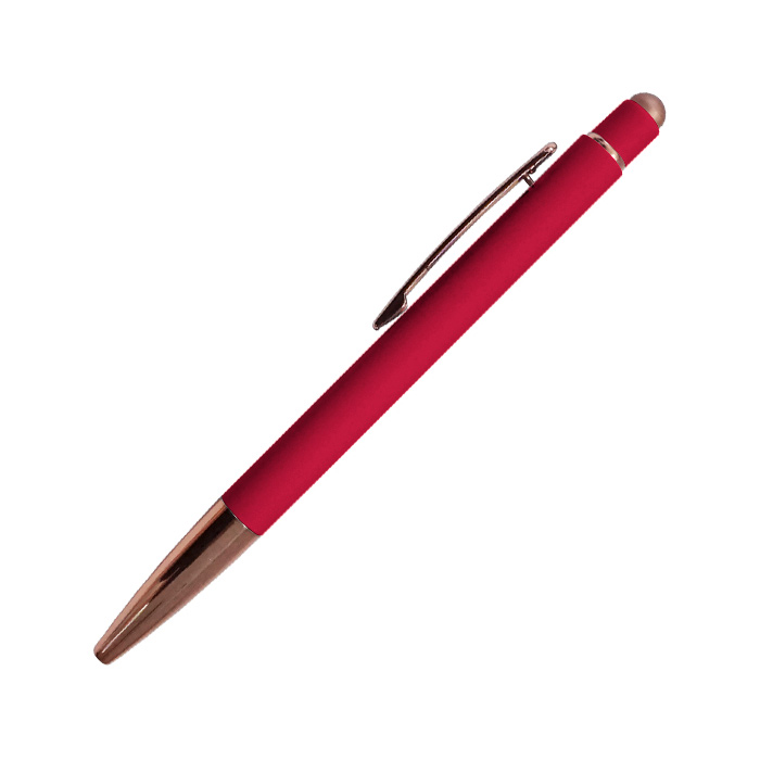 A2795, Bolígrafo metálico con acabado de goma, suave al tacto; con punta y touch con terminado brillante en color oro rosa. Mecanismo de click. Repuesto de tinta negra alemana de 1.0 mm