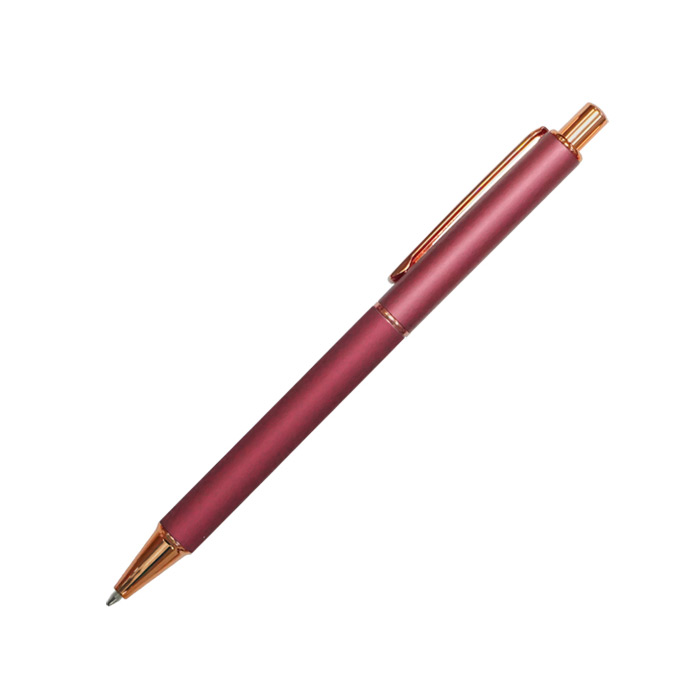 A2955, Bolígrafo delgado de aluminio, con botón, clip, detalle central y punta, cromados en color Oro rosa. Barril superior con acabado metálico mate y barril inferior en el mismo color, con acabado de goma. Mecanismo de click.