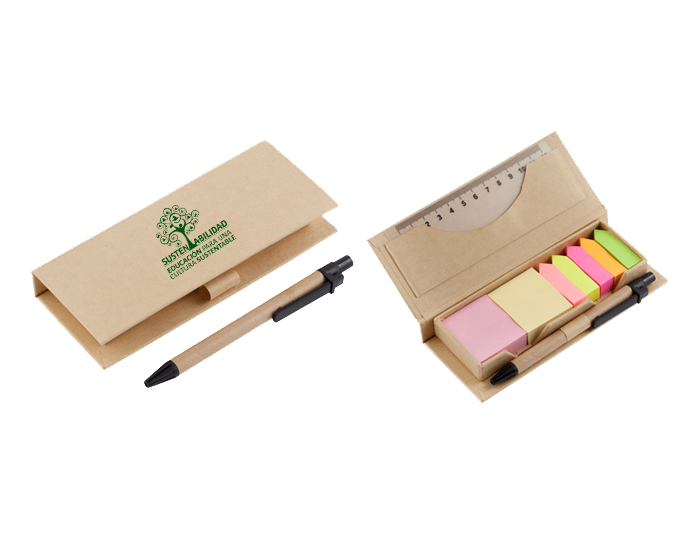PST4340, Estuche ecológico de notas adhesivas. Incluye bolígrafo de papel reciclado y regla plástica.