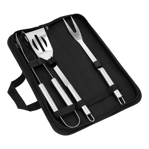 HO-061, Set de BBQ en estuche de poliéster. Incluye 3 utensilios: pinzas, tenedor y volteador.