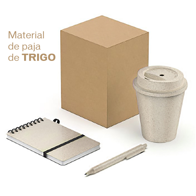 TH 215, Set Trigal Funciones: Incluye Vaso con tapa para café , Block de notas con argollas y Bolígrafo. Capacidad vaso: 350 ml. Block: 60 hojas rayadas y cierre en elástico